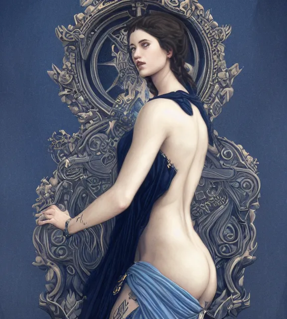 Image similar to god of death, in the underworld, elegant dark blue dress, very detailed, throne, very intricate details, jewelry, delicate tattoos, elaborate long hairstyle, cinematic, artstation, william bouguereau, greg rutkowski, rossdraws, octane render