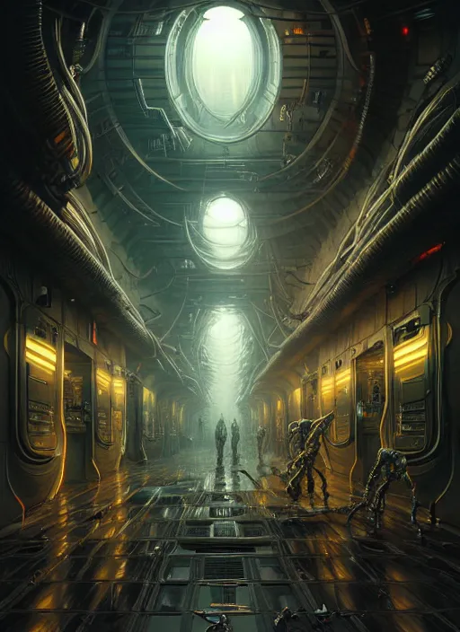 Image similar to wide angle shot of alien corridor cybertronic in a scenic dystopian environment, intricate, elegant, highly detailed, centered, digital painting, artstation, concept art, smooth, sharp focus, illustration, artgerm, tomasz alen kopera, peter mohrbacher, donato giancola, joseph christian leyendecker, wlop, boris vallejo