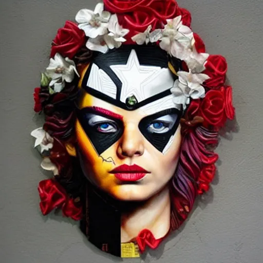 Image similar to a beautiful sculpture designed by Sandra Chevrier, superhero