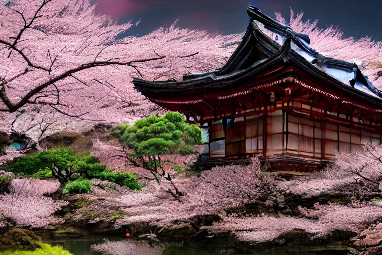 Prompt: Old japanese architecture in a Japanese valley, cherry blossom trees, dramatic sky, digital art, 4k, 8k, trending on ArtStation