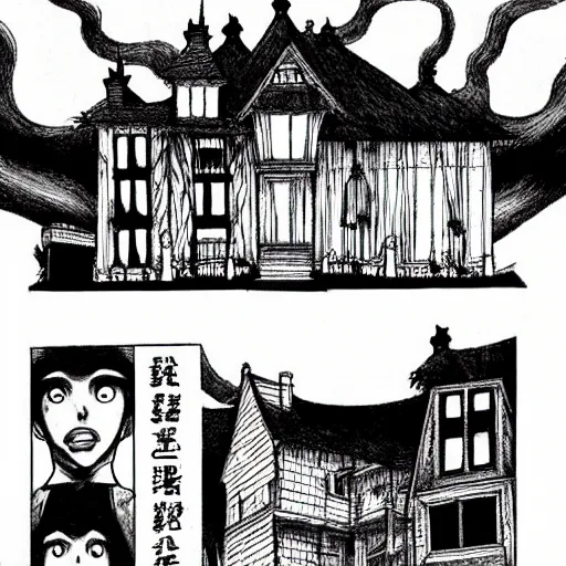 Image similar to a haunted house, by junji ito