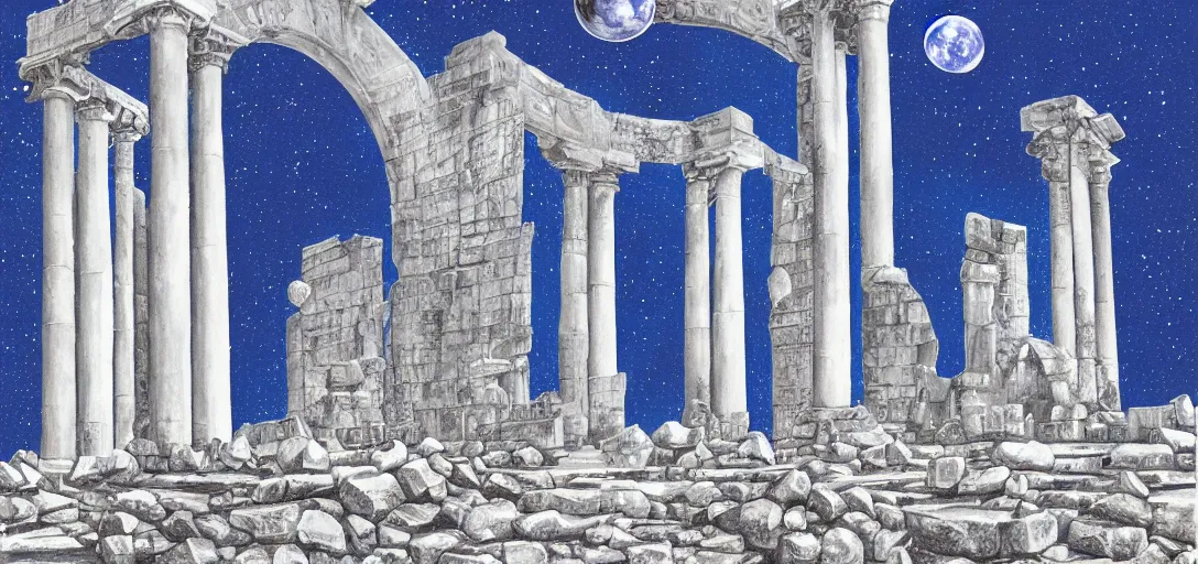 Image similar to The ruins of the Silver Millennium on the moon from Sailor Moon, digital painting, Earth in the distance, Greek-esque columns and ruins