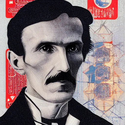 Image similar to portrait of nikola tesla in wardenclyffe tower, hanafuda oil on canvas by ivan shishkin, james jean and yoji shinkawa