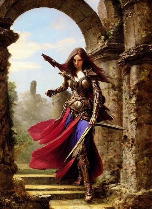 Prompt: woman in dark princess dragon armor, walking on the mystical ancient ruins. by william henry hunt