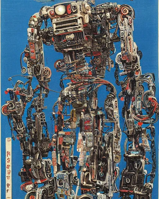 Image similar to Hiroshige portrait of a robot saint made of cables and robotic pod by John Berkey