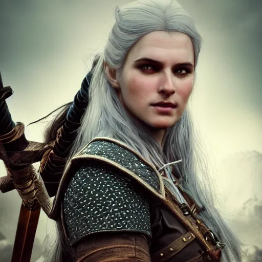 Image similar to witcher princess, posing heroically, heavenly, full body close-up shot, elegant, realistic character concept, high fantasy, light atmosphere, golden ratio, cinematic lighting, hyperdetailed, high resolution, insanely detailed and intricate, artstation, Marc Simonetti, Greg Rutkowski, octane render, 8k