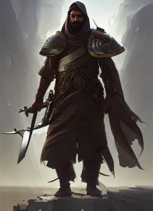 Image similar to epic arabic war commander with mechanical sword and shield highly detailed, digital painting, concept art, smooth, sharp focus, illustration, art by greg rutkowski