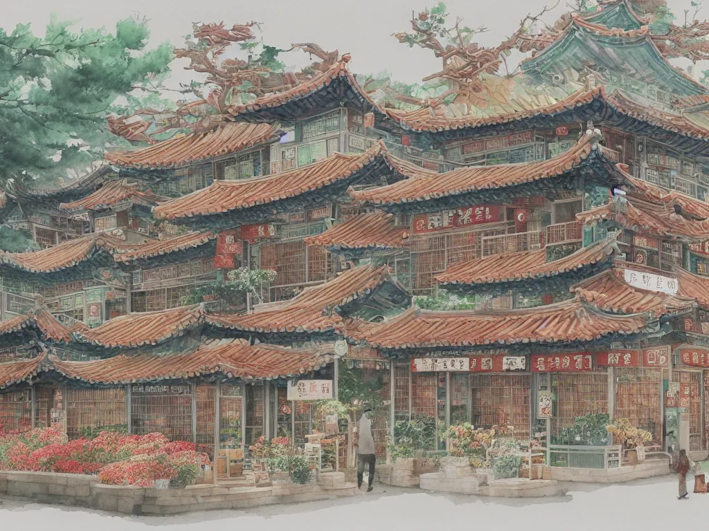 Image similar to a beautifully and highly detailed watercolor of a south korean tea shop, by me kyeoung lee,