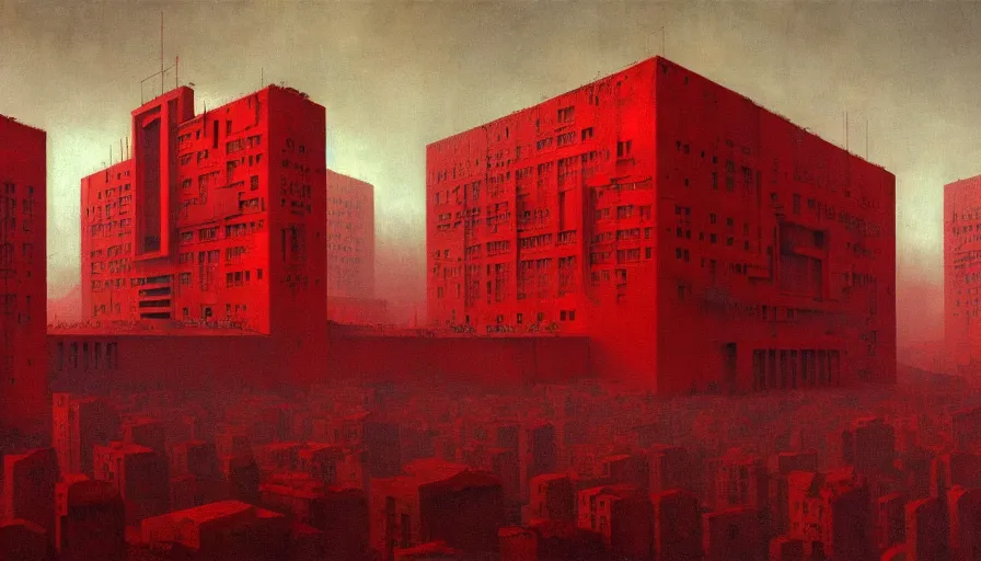 Prompt: only with red, soviet communism horror brutalist architecture apocalyptic, crowd cheering, in the style of beksinski and edward hopper and rodcenko and yue minjun and cory loftis, intricate and epic composition, red by caravaggio, highly detailed, masterpiece, red light, artstation, art nouveau