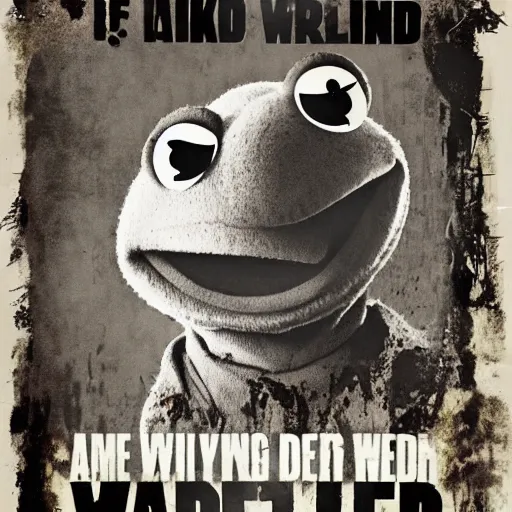 Image similar to a walking dead style poster of Kermit the frog, serious, black and white, dirtied with mud stains, looks like an old wild west wanted poster, realistic