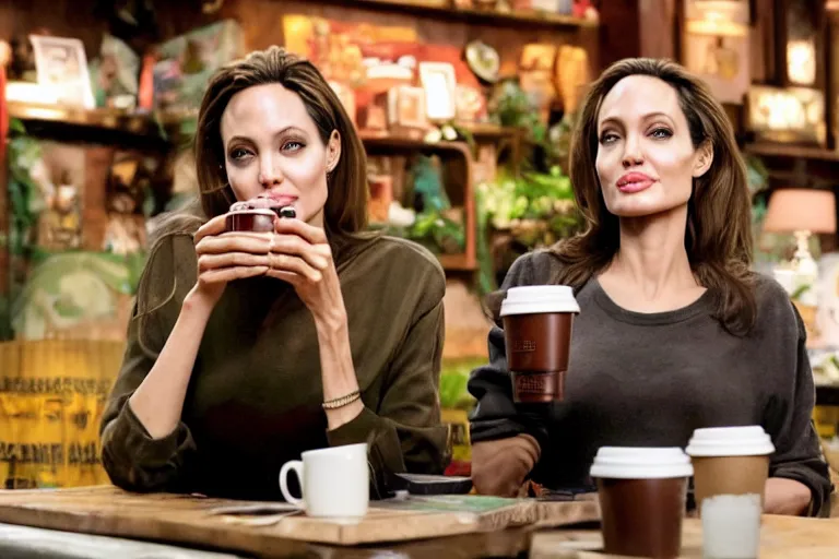 Image similar to Angelina Jolie, The Predator, best friends, drinking coffee at central perk, still photo, hyperrealistic, 35mm, 8k, by weta digital