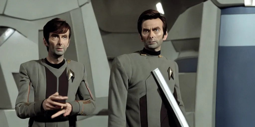 Image similar to David Tennant as Doctor Who, in Starfleet uniform, in the role of Captain Kirk in a scene from Star Trek the original series