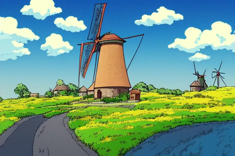 Image similar to beautiful countryside background with a windmill by studio ghibli, cute, winter