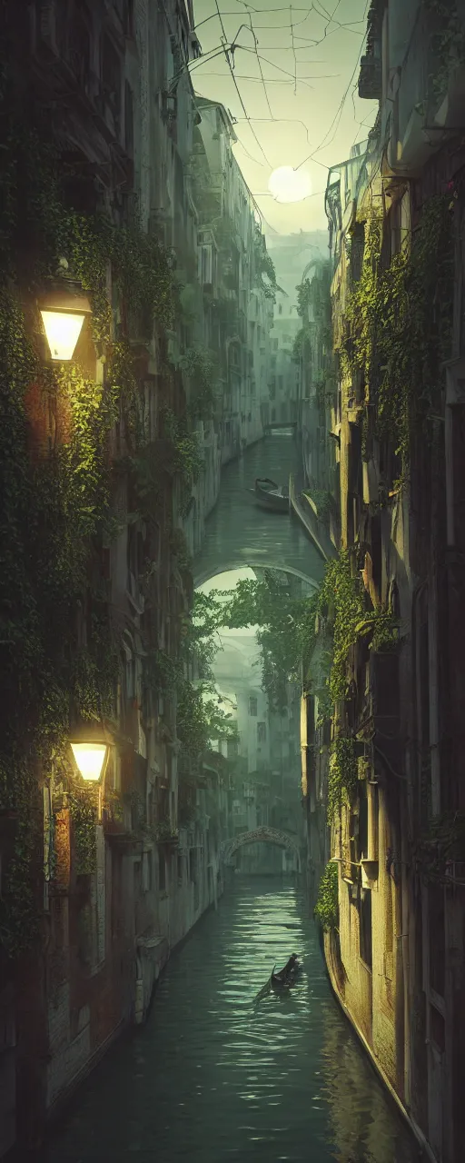 Prompt: a canal in venice at night with streetlights, dystopian, steampunk style, Miyazaki tekkonkintreet Teikoku Shounen style, amazing Traditional Japanese alley lane on full moon, machinery and wires, lush vegetation and ferns, sun rays, octane render, trending on artstation, hyper detailed, cinematic