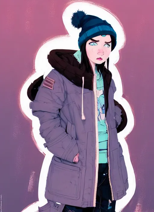 Prompt: highly detailed portrait of a sewer punk lady student, blue eyes, winter jacket, hat, white hair by atey ghailan, by greg rutkowski, by greg tocchini, by james gilleard, by joe fenton, by kaethe butcher, gradient pink, black, brown and light blue color scheme, grunge aesthetic!!! ( ( snowy graffiti tag wall background ) )