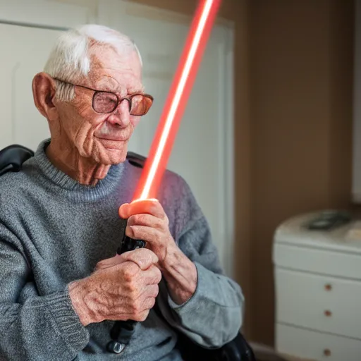 Image similar to elderly man with lightsaber, nursing home, canon eos r 3, f / 1. 4, iso 2 0 0, 1 / 1 6 0 s, 8 k, raw, unedited, symmetrical balance, wide angle