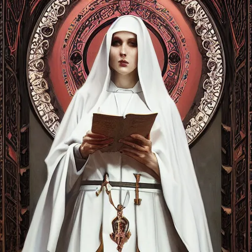Prompt: soft painting of a gothic nun blessing in full dress, perfectly detailed flowers, symmetrical intricate sensual features, highly detailed, artstation, sharp focus, art by artgerm and greg rutkowski and alphonse mucha and tom bagshaw