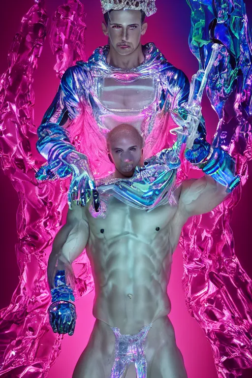 Image similar to hyper detailed ultra sharp fullbody photo of baroque and cyberpunk transparent pink ceramic sculpture of a muscular seductive muscular italian guido feeling muy cachondo, muy dotado, iridescent humanoid deity wearing pink plastic seethrough cloak, holding a rainbow tiger gem, blue diamond, glowing pink face, crown of white diamonds, cinematic lighting, photorealistic, octane render 8 k