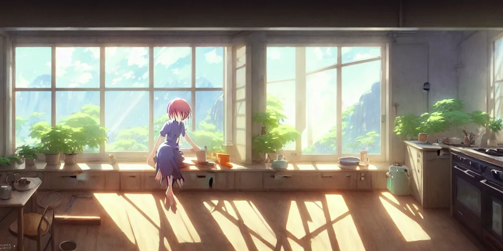 Image similar to interior background art, bright window lit kitchen, morning, steaming food on the stove, wooden floors, houseplants, ghosts, cottage decor, anime, trending on pixiv fanbox, painted by greg rutkowski makoto shinkai takashi takeuchi studio ghibli, akihiko yoshida