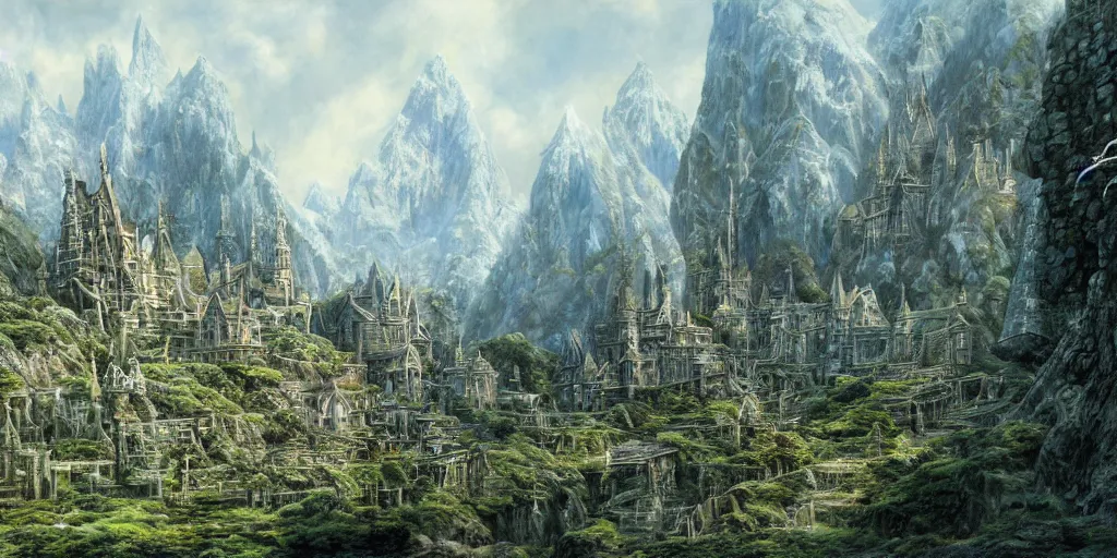 Image similar to an elven city built into the side of a mountain, pristine, by alan lee, lord of the rings, smooth, detailed terrain, oil painting, extremely detailed matte painting, trending on artstation