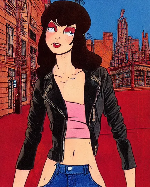 Image similar to young female protagonist in leather jacket, city street, artwork by ralph bakshi