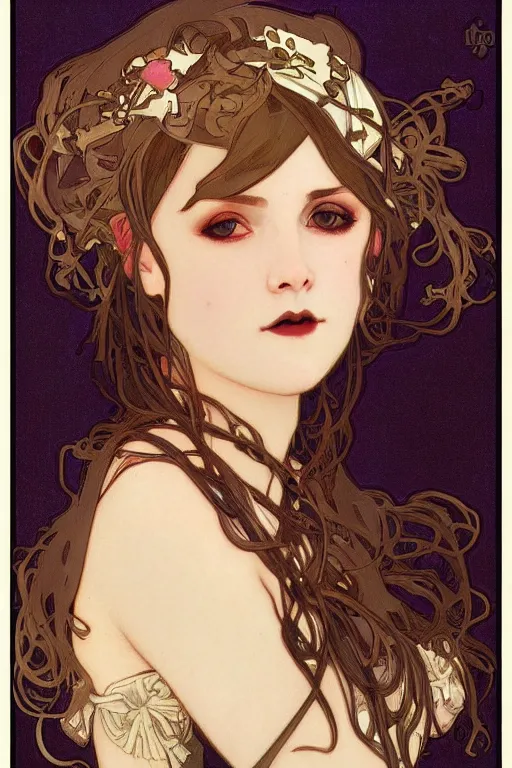 Image similar to A close-up portrait of a cute goth girl by Alphonse Mucha, art nouveau card, wlop, trending on artstation, 8k