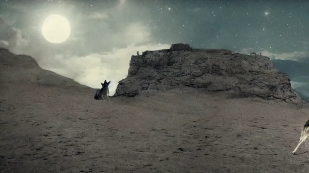 Image similar to epic cinematic shot of david bowie riding a (wolf) at night on a cliff with the moon in the background;