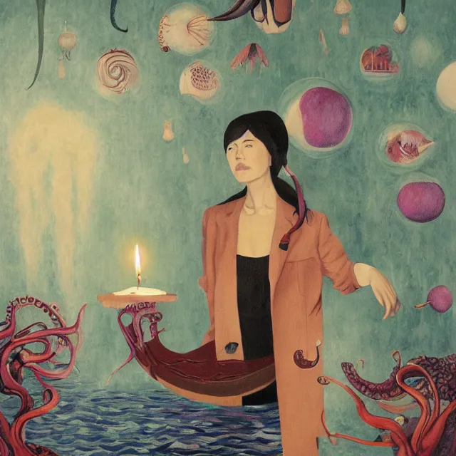 Prompt: tall female artist holding a nautilus in her flooded kitchen, pomegranates, octopus, water gushing from ceiling, painting of flood waters inside an artist's apartment, a river flooding indoors, candles, ikebana, zen, rapids, waterfall, black swans, canoe, berries, acrylic on canvas, surrealist, by magritte and monet