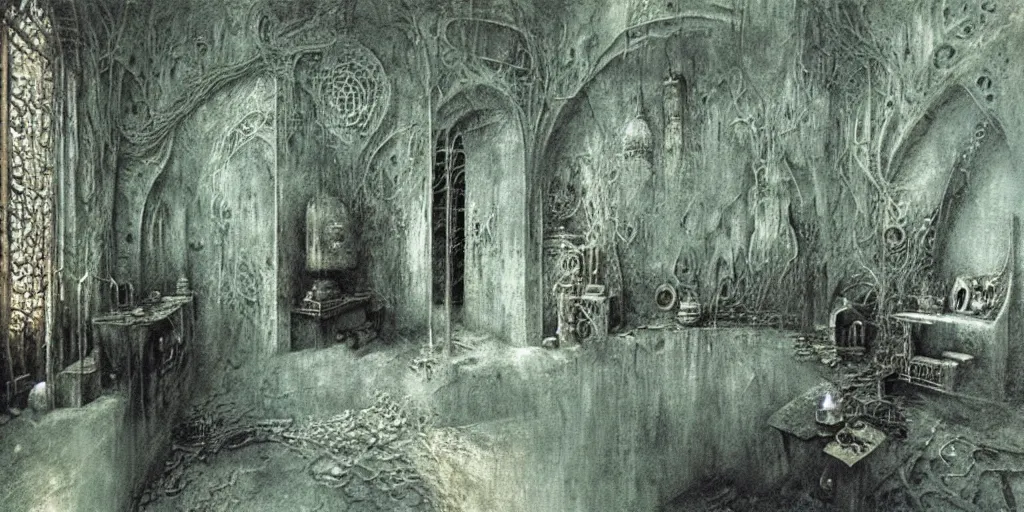 Image similar to detailed room of alchemist by Beksinski, Luis Royo