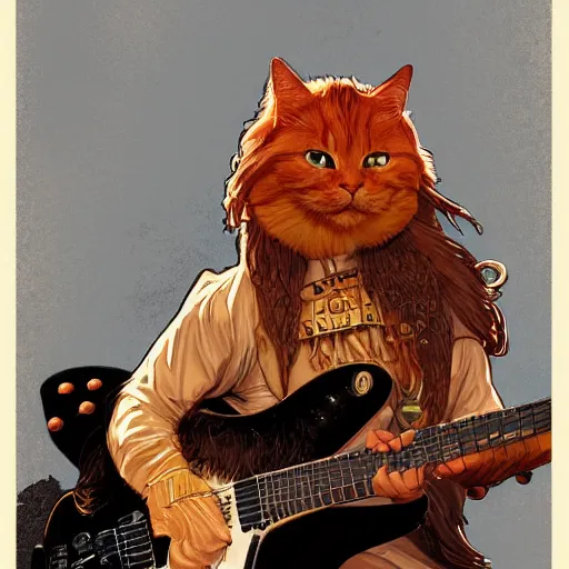 Prompt: a ginger cat dressed like a hardrocker playing electric guitar, cinematic lighting, highly detailed, digital painting, artstation, concept art, smooth, sharp focus, illustration, art by Terry Moore and Greg Rutkowski and Alphonse Mucha