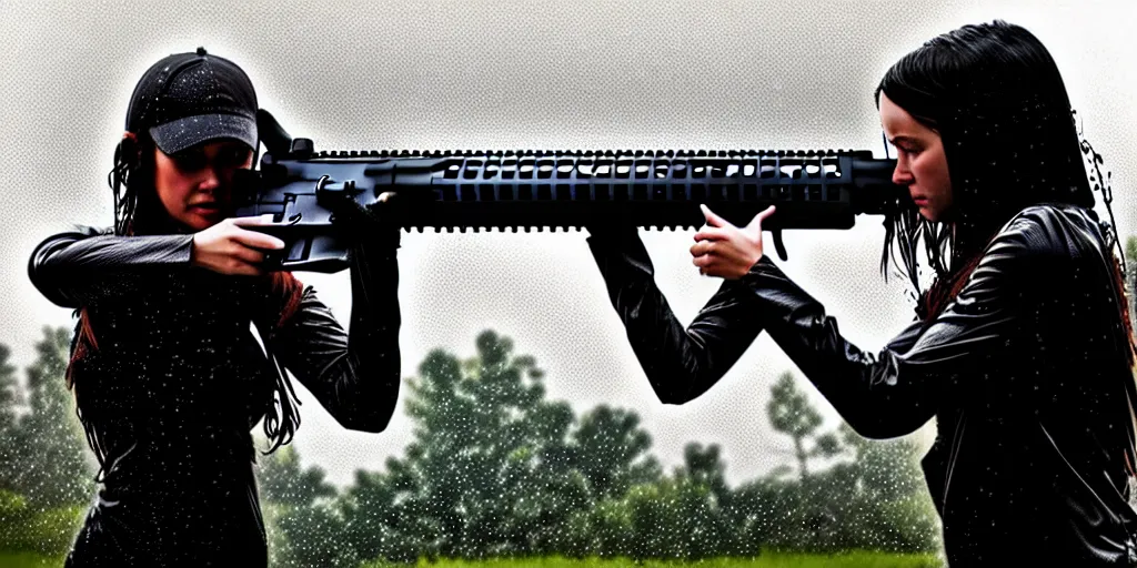 Prompt: hyperrealistic photo of a hot wet girl in the rain holding an ar - 1 5, 8 k