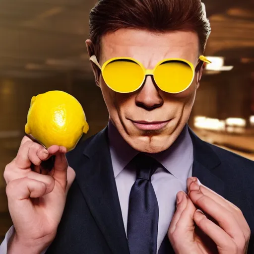 Prompt: still of a man in a suit wearing a plastic mask of a lemon with sunglasses, 4k, photorealistic, hd