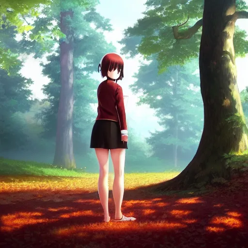 Image similar to realistic render of the girl character maple tree from bofuri by ross draws, forest background by ilya kuvshinov, digital anime art by ross tran, composition by sana takeda, lighting by greg rutkowski