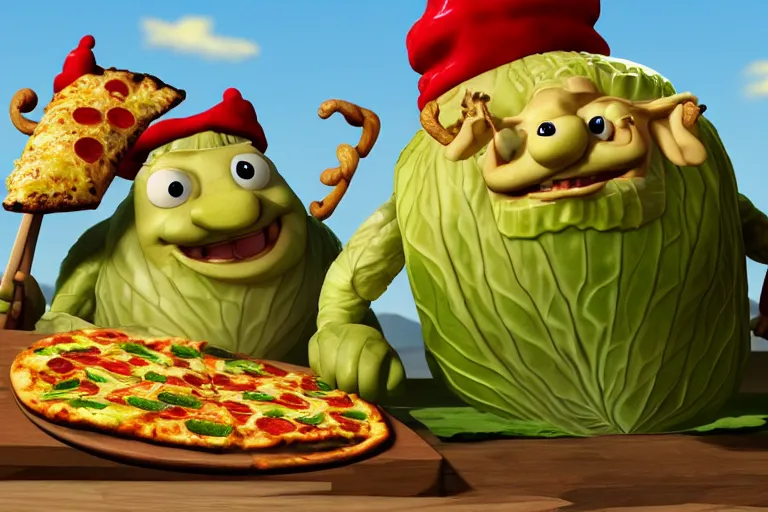 Image similar to cabbage character, king, wearing golden crown, pizza, wood fired oven, cooking pizza, high heat, walrus waving in background, highly detailed 3 d render, artstation, surrealism, pixar