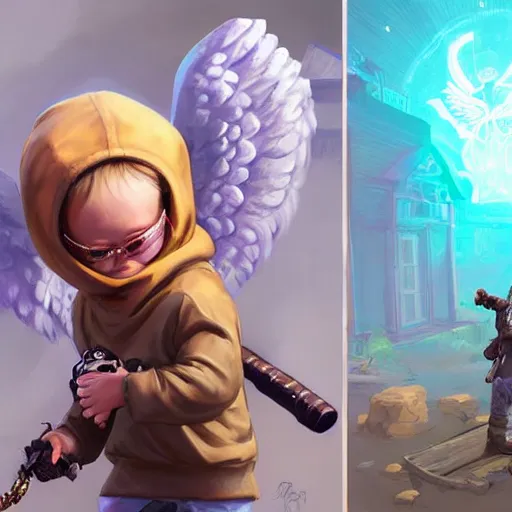 Prompt: baby Angel cherub, ski mask, balaclava, covered face, hoodie, hip hop golden necklace Angel halo, fantasy art apex fortnite Video game icon, 2d game art gta5 cover , official fanart behance hd artstation by Jesper Ejsing, by RHADS, Makoto Shinkai and Lois van baarle, ilya kuvshinov, rossdraws