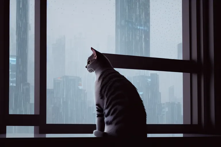 Image similar to A cat sitting on a window watching the view of a cyberpunk city, 24mm, 8k, octane render, beautiful, peaceful, cyberpunk, moody, raining, rain, super detailed, dof, volumetric lighting, rtx, raytracing