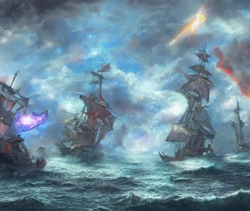 Image similar to Naval epic battle, fantasy concept art, coloful digital painting, highly detailed