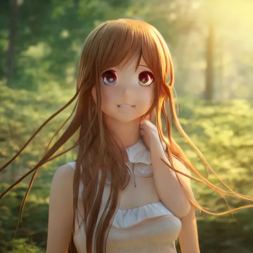 Image similar to Render of a very beautiful 3d anime girl, long hair, hazel eyes, cute freckles, full round face, short smile, cute sundress, golden hour, serene forest setting, medium shot, mid-shot, highly detailed, trending on Artstation, Unreal Engine 4k