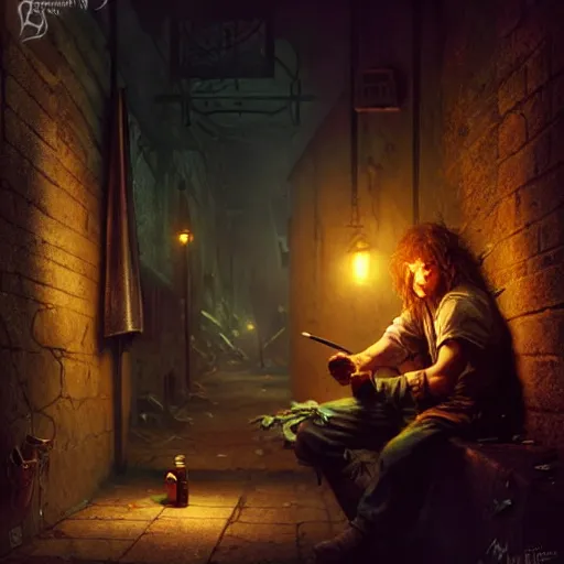 Image similar to Drug addict hobbit smoking crack in a dark alley, ultra realistic, concept art, intricate details, dark, highly detailed, photorealistic, octane render, 8k, unreal engine, art by artgerm and greg rutkowski and alphonse mucha