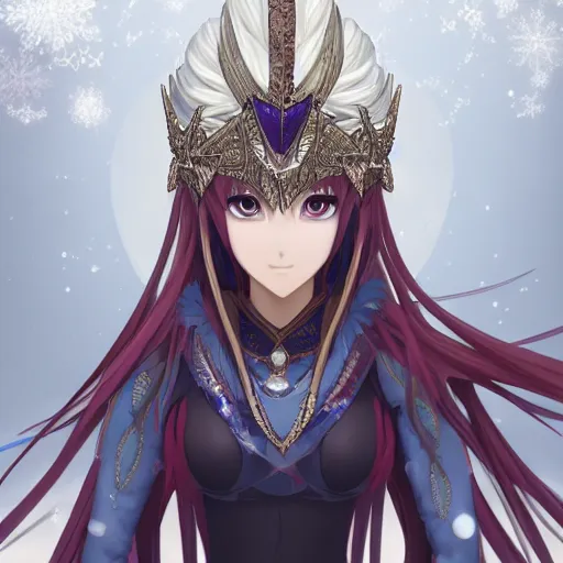 Image similar to portrait of professor scathach skadi queen of ice and snow, anime fantasy illustration by tomoyuki yamasaki, kyoto studio, madhouse, ufotable, square enix, cinematic lighting, trending on artstation