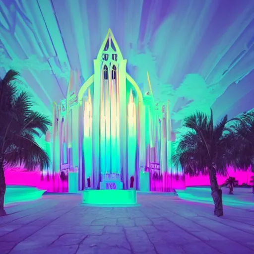 Image similar to a glowing vaporwave cathedral in a teal colored desert, night time