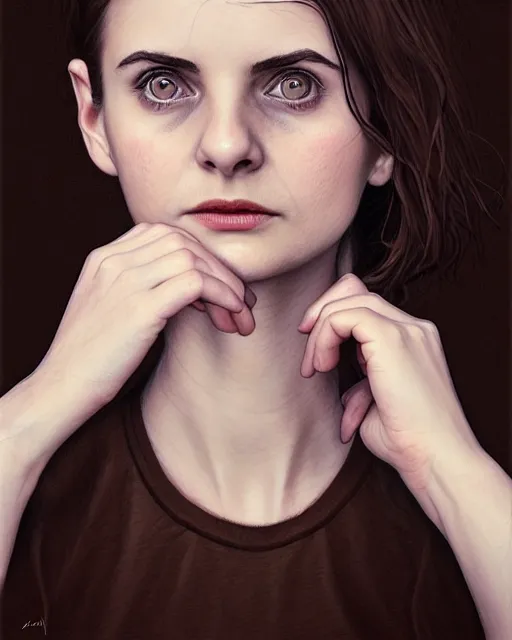 Prompt: portrait of a welsh teenage girl with brown hair, glowing skin, delicate features, quiet beauty, amelie poulain, Audreybreaker, teenage Louise brealey, fantasy, intricate, elegant, dress shirt, highly detailed, digital painting, artstation, concept art, smooth, sharp focus, illustration, art by Krenz Cushart and Artem Demura and alphonse mucha