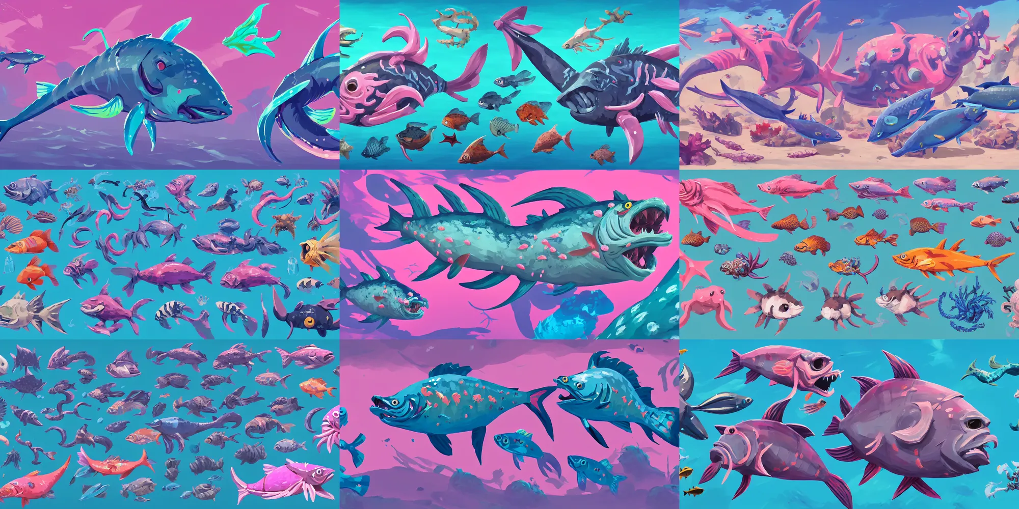 Prompt: game asset of fish and sea animal creatures, in gouache detailed paintings, props, stylized, 2 d sprites, kitbash, arcane, overwatch, blue and pink color scheme, 8 k, close up