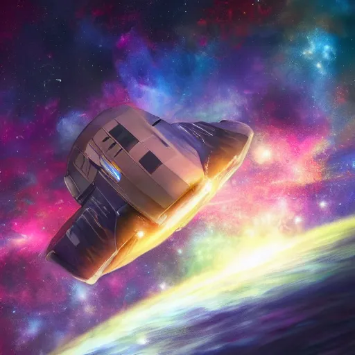 Prompt: a photorealistic concept art painting of a space van flying in front of a nebula, metal, hyper realistic, trending on artstation