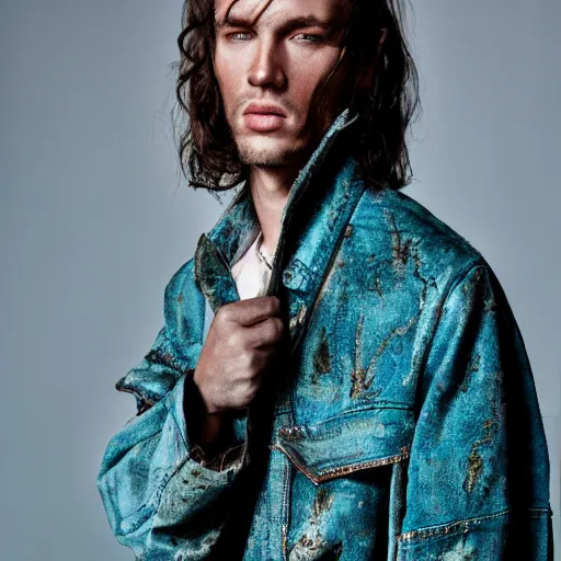 Prompt: an award - winning closeup photo of a male model wearing a baggy teal distressed medieval cloth menswear jacket by alexander mcqueen, 4 k, studio lighting, wide angle lens