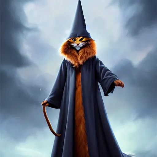 Image similar to matte oil painting of a bipdel cat wearing long wizard robes, anthropomorphic cat wearing a wizard hat, dnd, character reveal, magic, posing, full body portrait, high resolution, detailed, inspiring, award - winning