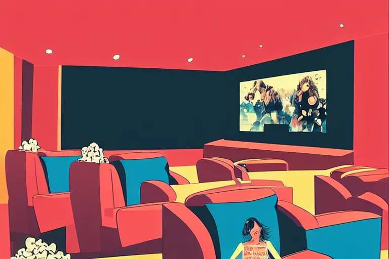 Prompt: wide view, a modern home movie theater, comfortable, stylish decor, popcorn machine!, movie posters!, very happy, interior designed by kelly wearstler, rough color pencil illustration by conrad roset
