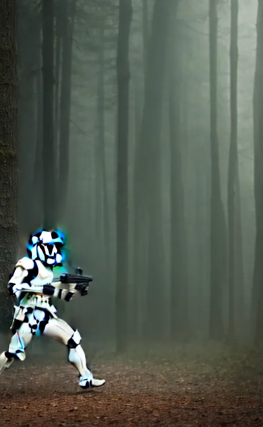 Image similar to A stormtrooper running through the forest shooting his blaster, octane, hd, 8k, rich deep moody colors