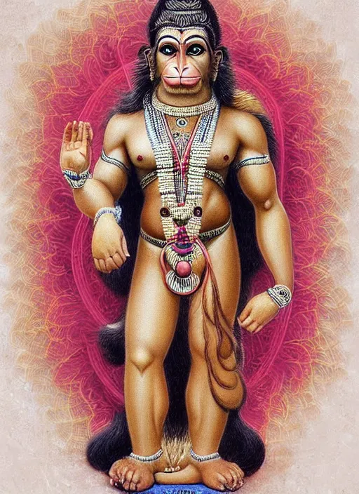 Image similar to a full body portrait of beautiful ornated hanuman!!!! god with flowing medium hair, soft facial features, kind appearence, digital art by krishen khanna and madhvi parekh, symmetrical body, artgerm, portrait, muted color scheme, highly detailed, outrun art style