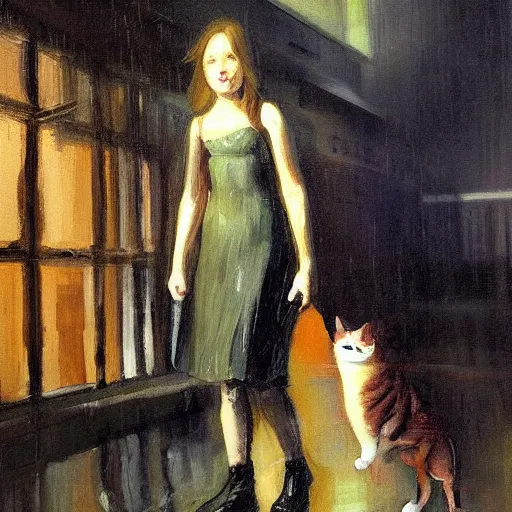 Prompt: “ a girl holding a cat in futuristic new york city, ghostpunk, heavy rain, high detail, oil painting, by george bellows ”